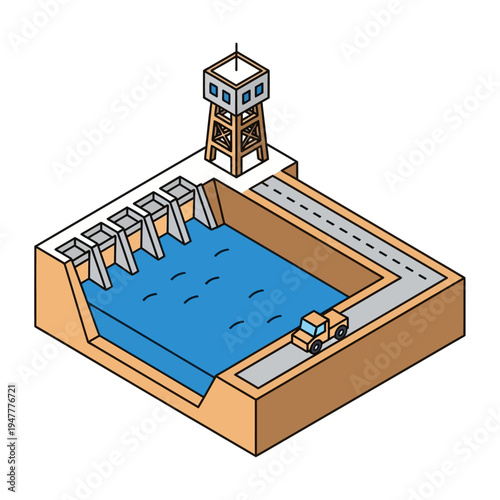 Isometric illustration of a hydroelectric dam with a water tower and a vehicle on a road.