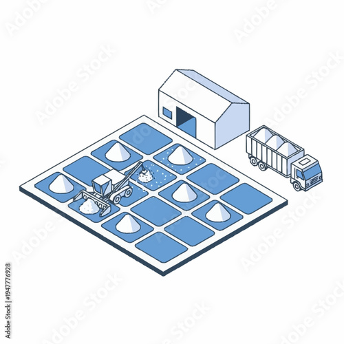 Isometric illustration of a field with piles of harvested crops, a truck, and a barn.