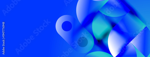 Abstract blue shapes overlap, creating fluid dynamic composition. Gradient hues suggest depth, movement, modern aesthetic.