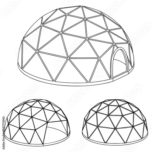 Vector illustration icons of geodesic dome structures in various stages of complexity on a white background