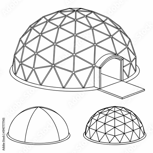 Vector illustration icons of geodesic dome structures in various stages of complexity on a white background