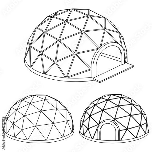 Vector illustration icons of geodesic dome structures in various stages of complexity on a white background