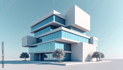 Modern office building with cubic architecture and glass facade. Contemporary commercial facility for business usage. Minimalist urban design style with corporate exterior workspace.