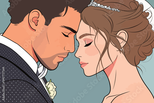 Two people stand close, sharing a moment before their wedding. They are looking into each other's eyes with joy.