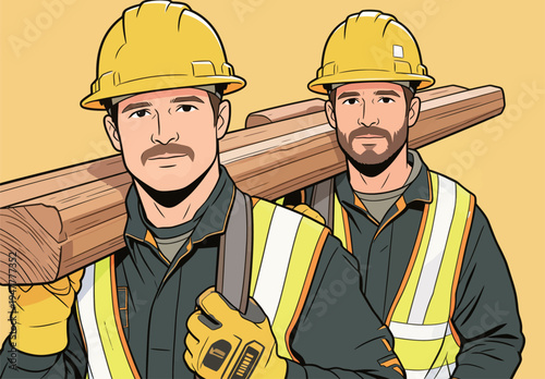 Two workers transport wooden beams at a construction site under bright conditions, both wearing yellow hard hats and safety vests.