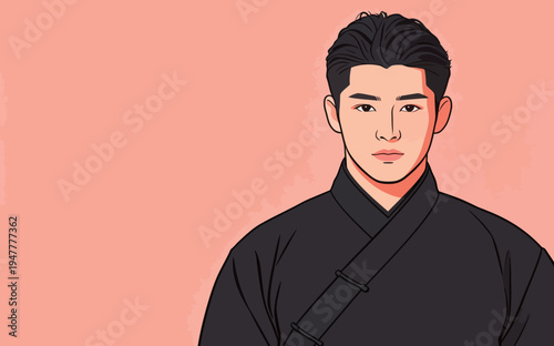 A young man is wearing a black outfit and looking straight at the viewer in front of a light pink background.