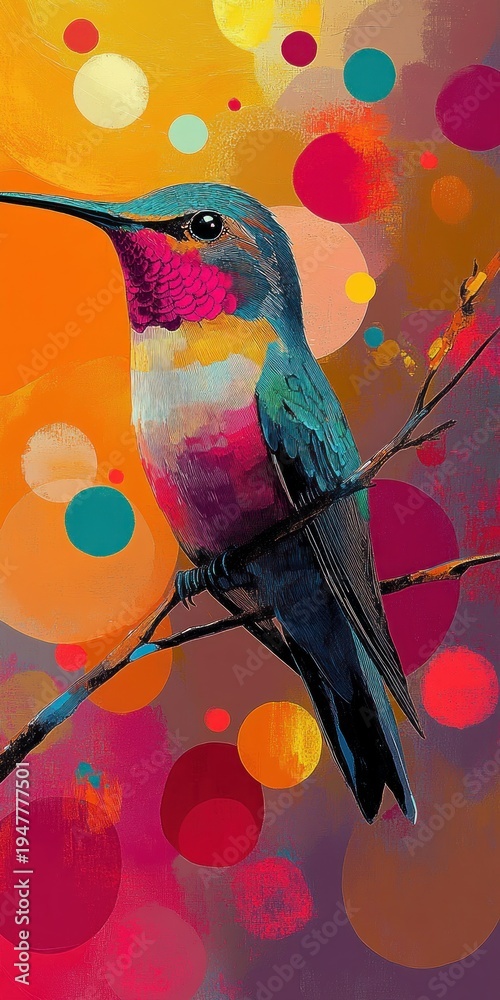 Naklejka premium vibrant stylized hummingbird perched on a slender branch with iridescent teal and magenta plumage against a warm abstract background of colorful bokeh circles, cheerful and whimsical
