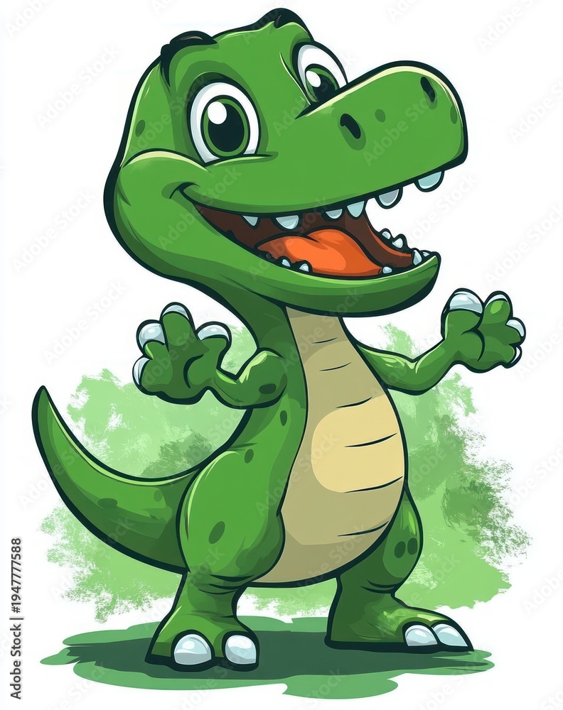 Fototapeta premium happy green cartoon baby dinosaur standing with arms raised, big eyes and open smiling mouth, playful energetic pose on green splash background