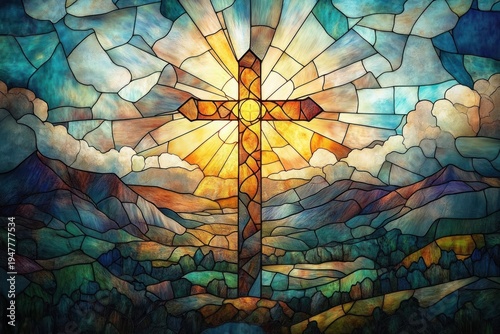 Colorful stained glass window showing a radiant cross with golden sunrays breaking through clouds over rolling mountains, trees, and a peaceful valley, evoking hope and serene reverence