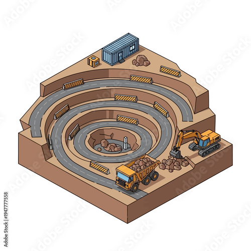 Isometric view of an open-pit mine with a spiral road, excavator, and dump truck, illustrating industrial excavation and material transport.