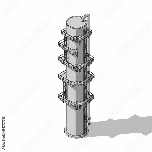 Isometric view of a tall industrial distillation column with multiple trays and external supports, representing chemical engineering equipment.