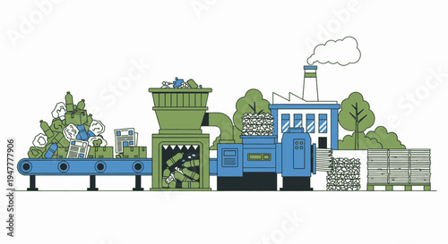 Industrial recycling plant operations illustration, showcasing the process of waste material sorting, shredding, and baling for environmental sustainability and resource recovery