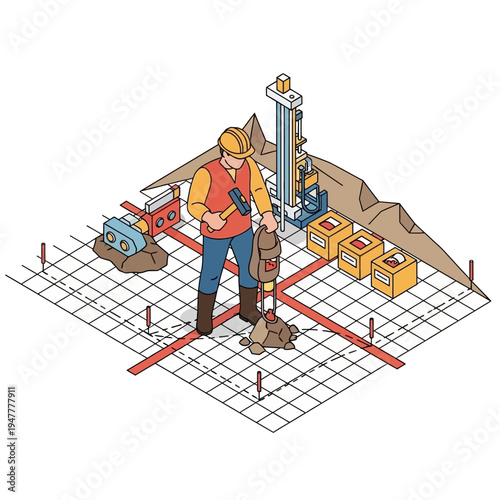 Illustration of a construction worker using a jackhammer on a rocky surface, with surveying equipment and materials nearby.