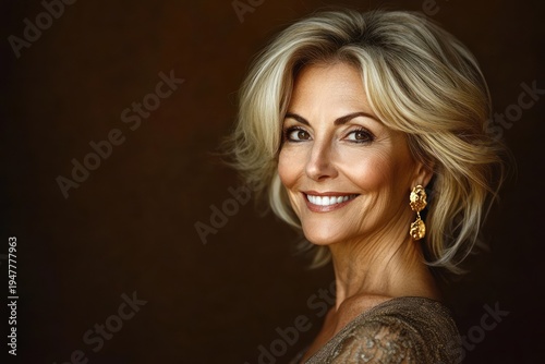 elegant head-and-shoulders portrait of an older woman with short blonde hair, gold dangling earrings and a sequined gown against a dark background, poised and contemplative