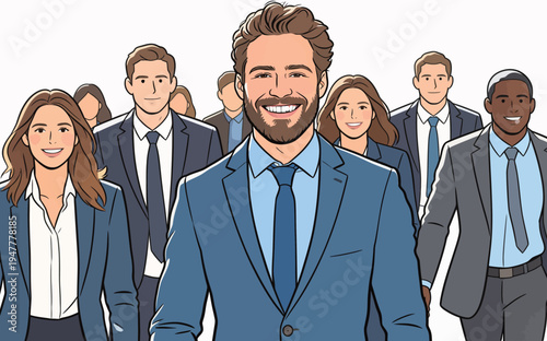 A group of men and women in suits are walking together with smiles. They appear to be in a professional environment.