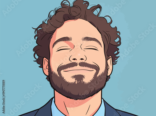 A man with curly hair and a beard smiles happily against a blue background while wearing a suit. His expression shows joy and contentment.