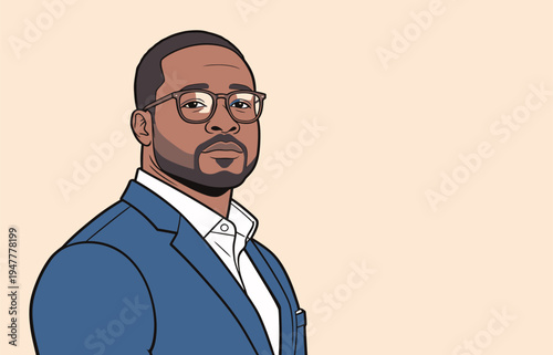 A man in formal clothes poses while wearing glasses. He looks directly at the viewer with a neutral expression.