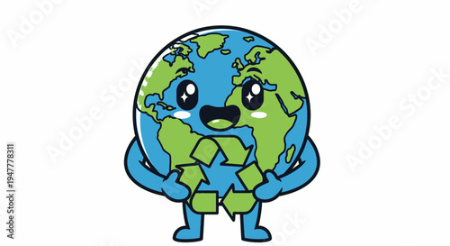 Cute cartoon Earth character joyfully displaying a recycling symbol, symbolizing global environmental care, sustainability, and eco-friendly efforts for a greener planet