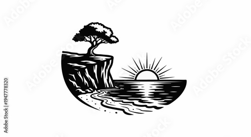 Stylized seaside cliff with a lone tree and a sunburst over the ocean