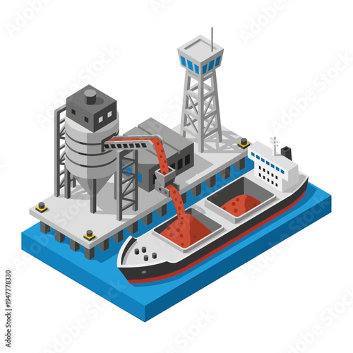 Isometric illustration of a cargo ship being loaded with bulk material at a port facility with silos and a control tower.