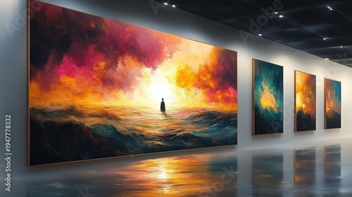 gallery wall of large luminous seascape paintings featuring a silhouetted lone figure on a glowing ocean under a dramatic colorful sky with reflective polished floor and contemplative mood