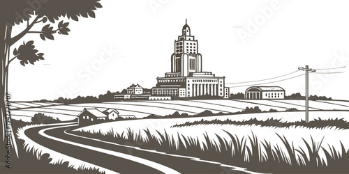 USA, US, U.S, United States - Fargo skyline with prairie horizon monochrome travel poster