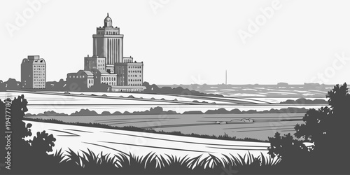 USA, US, U.S, United States - Fargo skyline with prairie horizon monochrome travel poster
