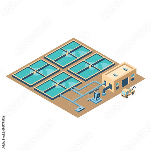Isometric illustration of a wastewater treatment plant with settling tanks, a pump station, and a control building, showcasing industrial water purification processes.