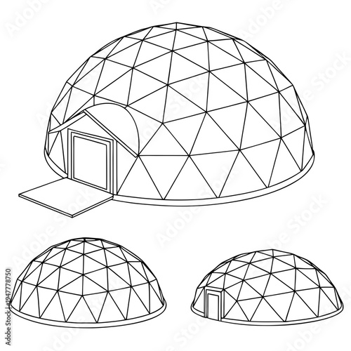 Vector illustration icons of geodesic dome structures in various stages of complexity on a white background