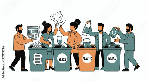 People sorting and recycling waste into separate bins for glass, plastic, and metal, promoting environmental responsibility