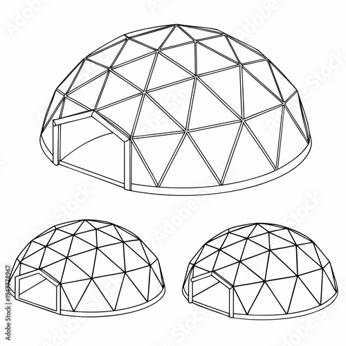 Vector illustration icons of geodesic dome structures in various stages of complexity on a white background