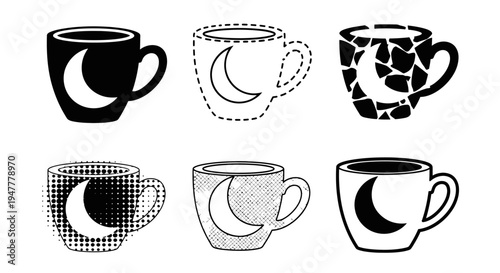 Coffee cup icons set with crescent moon design in various graphic styles including solid dashed mosaic halftone and crosshatch for beverage branding