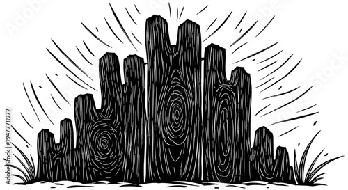 Abstract wood fence illustration with sun rays and grass in engraving style vintage rustic wooden barrier landscape element for farm or garden design