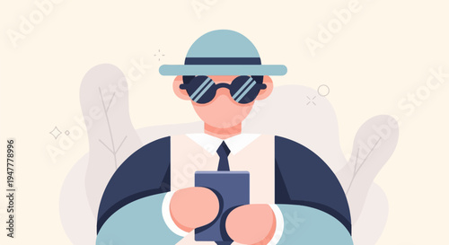Person in a hat and sunglasses holding a phone with abstract background