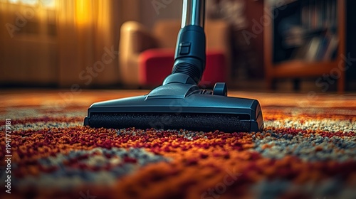 Close-up of vacuum cleaner head cleaning colorful shag rug in warm cozy living room, conveying comfort and tidiness