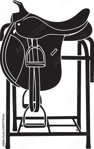 Equestrian saddle and stirrups on stand vector silhouette illustration line art design