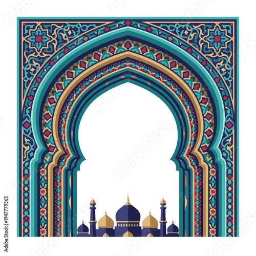 Ornate Mosque Arch Frame in Turquoise Gold and Sapphire Islamic Style