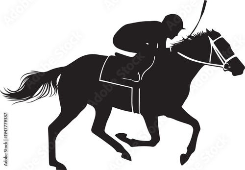 Fast racing horse and jockey silhouette vector illustration at full gallop with line art