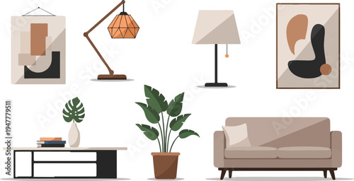 Interior decor with abstract art, lamps, sofa, table, and potted plants