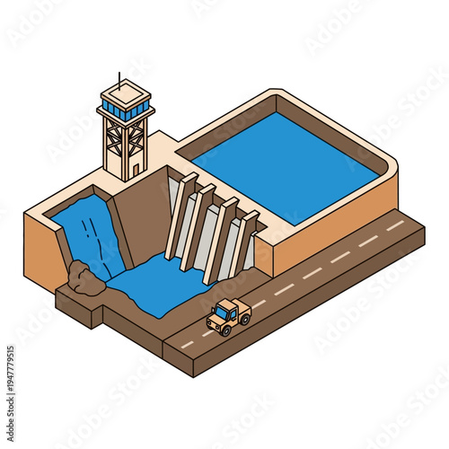 Isometric illustration of a hydroelectric dam with a control tower, reservoir, spillway, and a car on the road.
