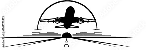 Stylized silhouette of a jetliner taking off against a setting sun