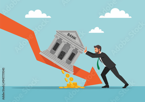 Financial Crisis and Economic Downturn Man Pushing Bank Downward Vector Illustration