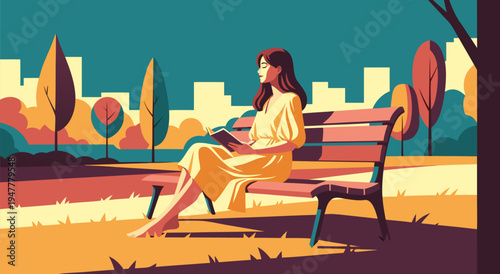 Peaceful woman reading a book on a park bench vector illustration, enjoying a serene moment outdoors in a vibrant cityscape background