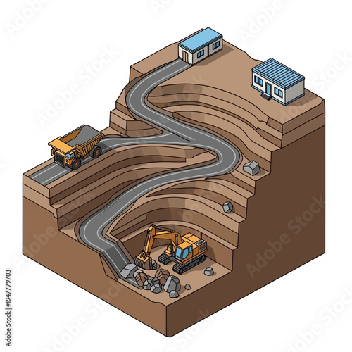 Isometric illustration of an open-pit mine with trucks, excavators, and buildings, showcasing the extraction process and infrastructure.