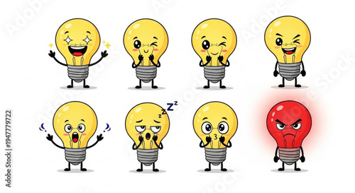 Expressive cartoon light bulbs showcasing diverse human emotions and facial expressions, from happiness to anger, symbolizing creative ideas and feelings on white