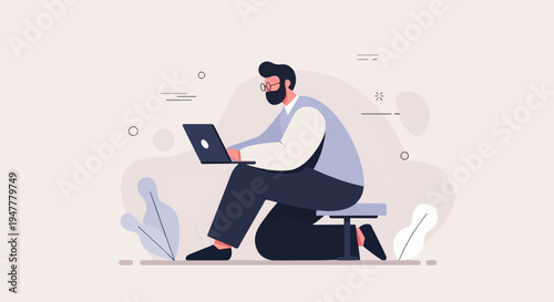 Minimalist illustration of a bearded man with glasses using a laptop on a low stool