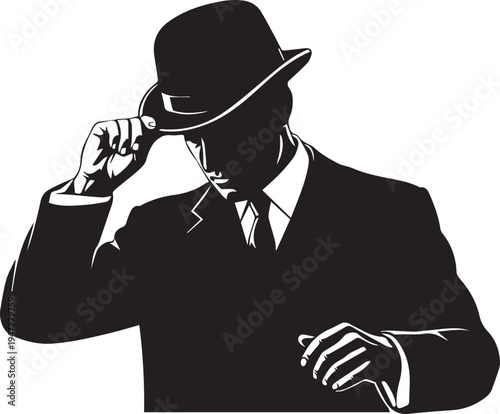 Vintage gentleman wearing bowler hat silhouette vector illustration with suit and line art