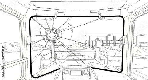 Interior view from a construction vehicle cab with a spiderweb cracked windshield