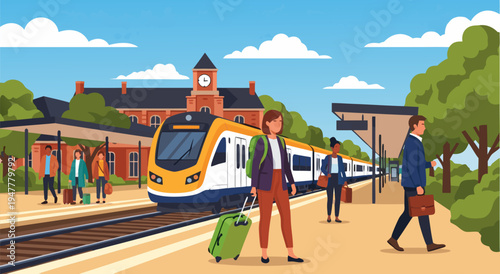 Vector illustration of a modern train station with passengers and a high-speed train arriving at the platform