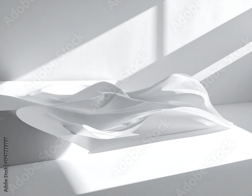 A white, smooth, wavy object on a white surface with light beams